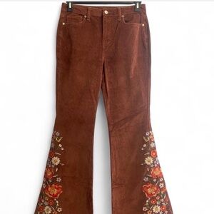 Altar'd State Brown Corduroy Flare Pants with Floral Embroidery